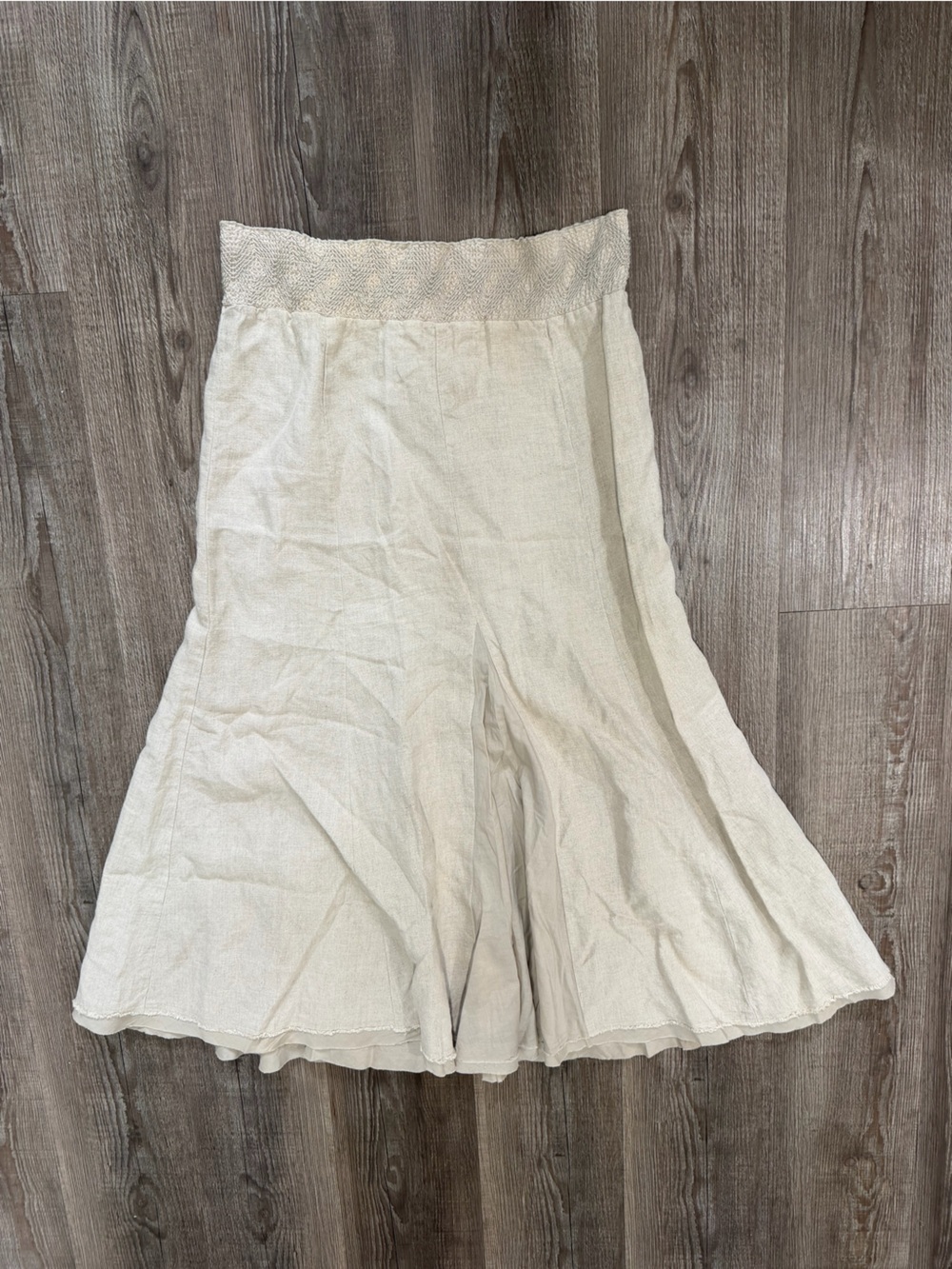 CAbi Neutral Linen A-line midi skirt with decorative waist  size medium